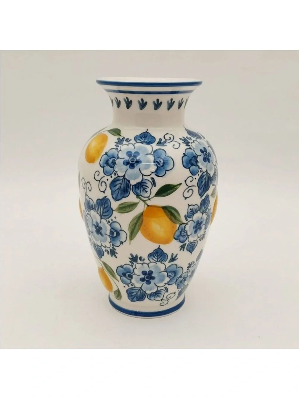 NEW! Muchoise - Ceramic Lemon Vase, Hand-Painted, White/Blue/Yellow, 11.5”